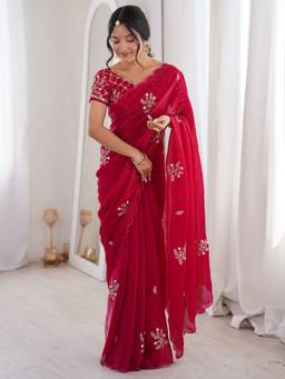 Sareemall - Women's Satin Pink Embellished Designer Festive Exclusive Saree