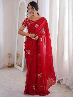 Sareemall - Women's Satin Red Embellished Designer Festive Exclusive Saree