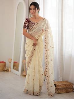Sareemall - Women's Silk Blend White Zari Embroidered Festive Exclusive Saree