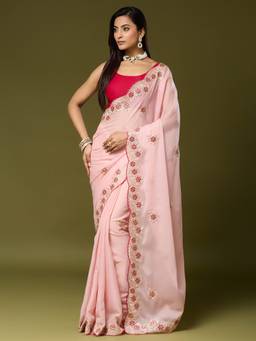 Akhilam - Women's Georgette Pink Zari Embroidered Designer Exclusive Saree