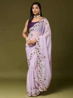 Akhilam - Women's Georgette Lavender Zari Embroidered Exclusive Saree