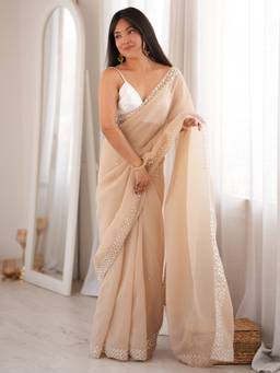 Akhilam - Women's Georgette Beige Embellished Designer Exclusive Saree
