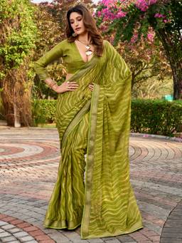 Akhilam - Women's Chiffon Light Green Printed Designer Exclusive Saree
