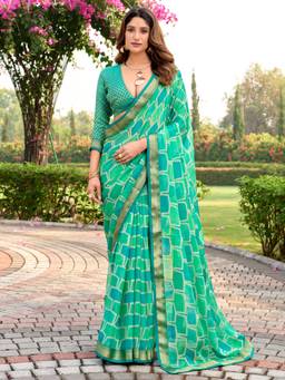 Akhilam - Women's Chiffon Aqua Printed Designer Exclusive Saree