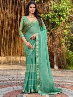 Akhilam - Women's Chiffon Mint Green Printed Designer Exclusive Saree