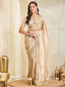 Sareemall - Women's Silk Blend Cream Zari Embroidered Festive Exclusive Saree