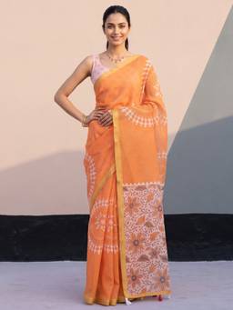 Akhilam - Women's Cotton Blend Orange Printed Designer Exclusive Saree