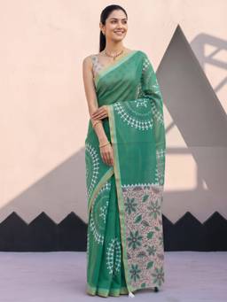 Akhilam - Women's Cotton Blend Light Green Printed Designer Exclusive Saree