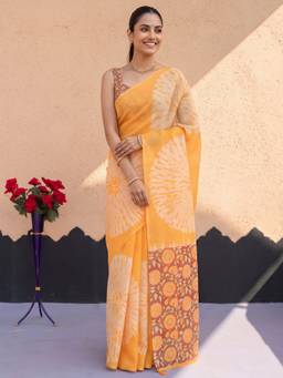 Akhilam - Women's Cotton Blend Mustard Printed Designer Exclusive Saree