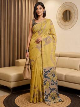 Akhilam - Women's Cotton Blend Mustard Printed Designer Exclusive Saree