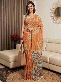 Akhilam - Women's Cotton Blend Rust Printed Designer Exclusive Saree