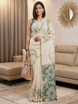Akhilam - Women's Cotton Blend Off White Printed Designer Exclusive Saree