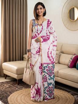 Akhilam - Women's Cotton Blend Off White Printed Designer Exclusive Saree