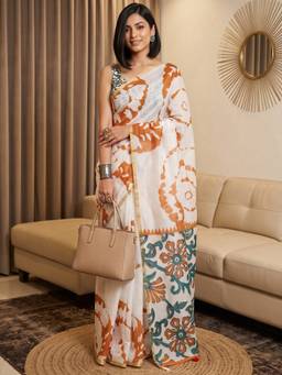 Akhilam - Women's Cotton Blend Off White Printed Designer Exclusive Saree