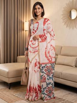 Akhilam - Women's Cotton Blend Off White Printed Designer Exclusive Saree