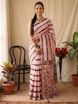 Akhilam - Women's Cotton Blend Pink Floral Printed Designer Exclusive Saree