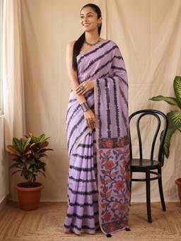 Akhilam - Women's Cotton Blend Lavender Floral Printed Designer Exclusive Saree