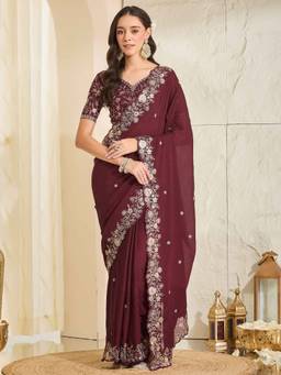Sareemall - Women's Georgette Maroon Zari Embroidered Festive Exclusive Saree