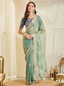 Sareemall - Women's Satin Light Blue Zari Embroidered Festive Exclusive Saree
