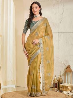 Sareemall - Women's Satin Mustard Zari Embroidered Designer Festive Exclusive Saree