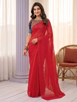 Akhilam - Women's Cotton Red Embellished Designer Exclusive Saree