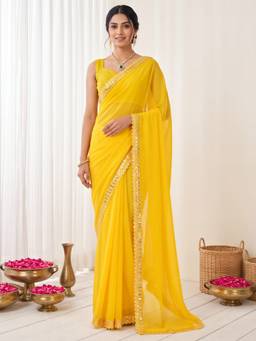 Akhilam - Women's Georgette Yellow Embellished Designer Exclusive Saree