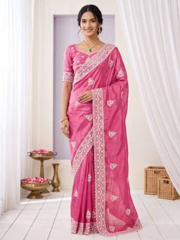 Akhilam - Women's Paper Silk Pink Embellished Designer Exclusive Saree