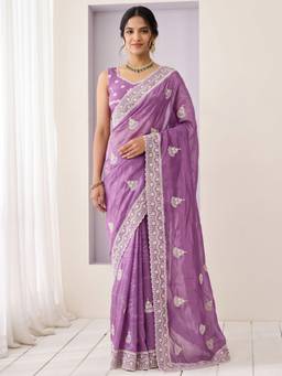Akhilam - Women's Paper Silk Lavender Embellished Designer Exclusive Saree