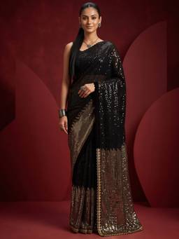 Akhilam - Women's Pure Georgette Black Embellished Designer Exclusive Saree