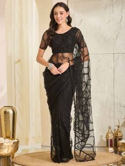Sareemall - Women's Net Black Embellished Designer Festive Exclusive Saree