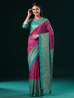 Akhilam - Women's Cotton Blend Magenta Woven Designer Exclusive Saree