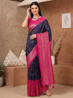 Akhilam - Women's Cotton Blend Navy Blue Woven Designer Exclusive Saree