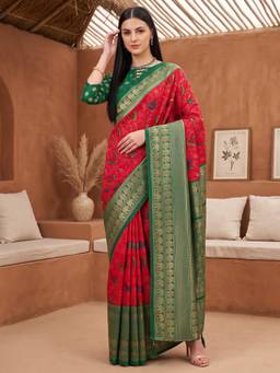Akhilam - Women's Cotton Blend Red Woven Designer Exclusive Saree