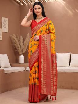 Akhilam - Women's Cotton Blend Orange Woven Designer Exclusive Saree