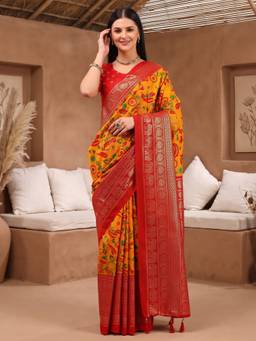 Akhilam - Women's Cotton Blend Orange Woven Designer Exclusive Saree