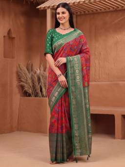 Akhilam - Women's Cotton Blend Red Woven Designer Exclusive Saree