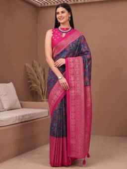 Akhilam - Women's Cotton Blend Navy Blue Woven Designer Exclusive Saree