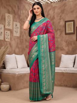 Akhilam - Women's Cotton Blend Pink Woven Designer Exclusive Saree