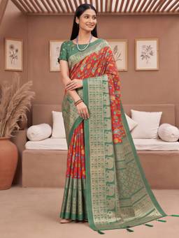Akhilam - Women's Cotton Blend Rust Woven Designer Exclusive Saree