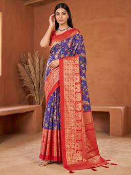 Akhilam - Women's Cotton Blend Blue Woven Designer Exclusive Saree