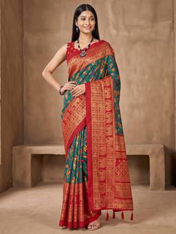 Akhilam - Women's Cotton Blend Teal blue Woven Designer Exclusive Saree