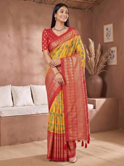 Akhilam - Women's Cotton Blend Yellow Woven Designer Exclusive Saree