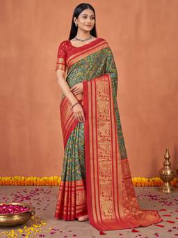 Akhilam - Women's Cotton Blend Green Woven Designer Exclusive Saree