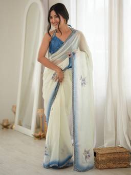 Sareemall - Women's Satin Off White Embellished Designer Festive Exclusive Saree