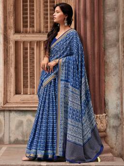 Akhilam - Women's Mal Cotton Indigo Floral Printed Designer Exclusive Saree
