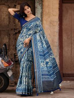 Akhilam - Women's Mal Cotton Indigo Printed Designer Exclusive Saree