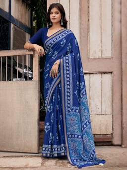 Akhilam - Women's Mal Cotton Indigo Floral Printed Designer Exclusive Saree