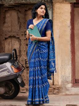 Akhilam - Women's Mal Cotton Indigo Printed Designer Exclusive Saree