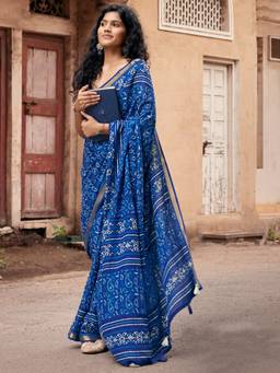 Akhilam - Women's Mal Cotton Indigo Printed Designer Exclusive Saree