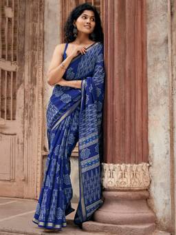 Akhilam - Women's Mal Cotton Indigo Printed Designer Exclusive Saree